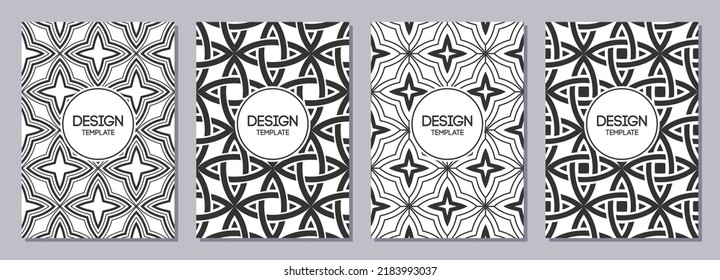 Conjunto de volantes, carteles, pancartas, carteles, plantillas de diseño de folletos de tamaño A6 con adornos decorativos, cuatro estrellas puntiagudas. Plantillas de diseño gráfico. Texturas geométricas. Resumen de fondos vectoriales.
