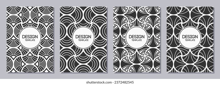 Conjunto de volantes, carteles, pancartas, carteles, plantillas de diseño de folletos de tamaño A6 con adornos decorativos, patrones Art Deco. Baldosas de mosaico marroquí. Antecedentes vectores de ornamentos geométricos.