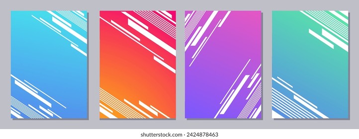 Set of flyer, posters, banners, placards, brochure design templates A6 size. Graphic design template with white slanted stripes, lines on gradient color background. Abstract vector backgrounds.