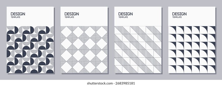 Conjunto de folletos, carteles, Anuncios, carteles, Plantillas de diseño de folletos tamaño A6 con adornos geométricos simples. Plantillas de Diseño gráfico. Texturas geométricas. Fondos monocromáticos de Vector Abstractas.