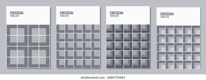 Conjunto de folletos, carteles, Anuncios, carteles, Plantillas de diseño de folletos tamaño A6 con adorno geométrico, cuadrados a rayas. Plantillas de Diseño gráfico. Texturas geométricas. Abstractas fondos de Vector.