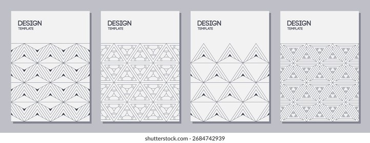 Conjunto de folletos, carteles, Anuncios, carteles, Plantillas de diseño de folletos tamaño A6 con adornos de triángulos lineales. Plantillas de Diseño gráfico. Texturas geométricas. Fondos monocromáticos de Vector Abstractas.