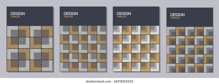 Set of flyer, posters, banners, placards, brochure design templates A6 size with geometric ornament, white and brown striped squares. Graphic design templates. Geometric textures. Vector backgrounds.
