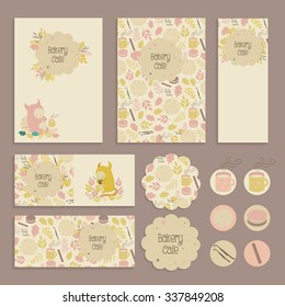 Set of flyer, tag templates with logo, label for children cafe, store. Fairytale patterns with mugs of tea, cookies and cute monsters svg