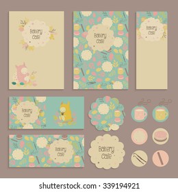 Set of flyer, tag templates with logo, label for childrens cafe, store. Fairytale patterns with mugs of tea, cookies and cute monsters