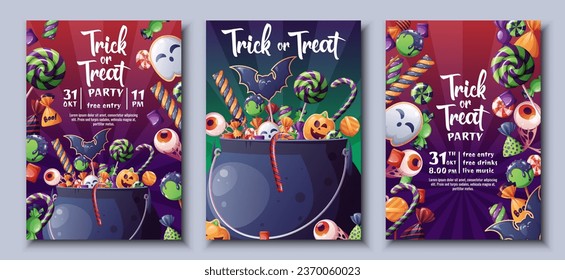 Set of flyer template with cauldron of sweets. Halloween party. Trick or treat. Party invitation design.