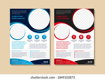 Set of flyer template design for  business company use vertical template. Circle shape for photo space. red and blue element use wavy style. flat of white and dark background.