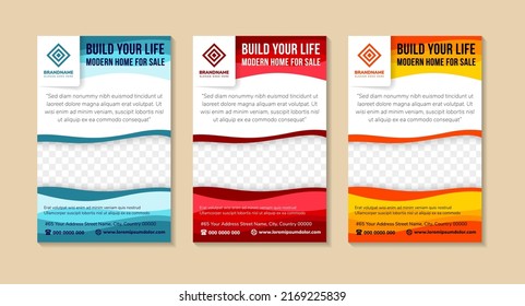conjunto de diseño de plantilla de volante. Titular es construir tu vida. Espacio de collage de fotos y texto. Banner publicitario con fondo de diseño vertical. elementos de ola multicolor azul, rojo y amarillo.