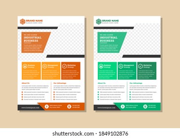 Set of flyer template design for industrial business use vertical template. Rectangle shape for photo space. Abstract geometric element use orange and green color. white background.