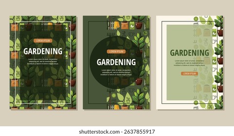 Set flyer template Gardening service. Agricultural and farming services social media post lawn gardening. Gardening seamless pattern background.