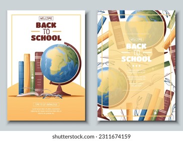 Set of flyer template with globe and books. School time, back to school, education. Flyer, poster, banner size a 4