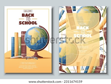 Set of flyer template with globe and books. School time, back to school, education. Flyer, poster, banner size a 4