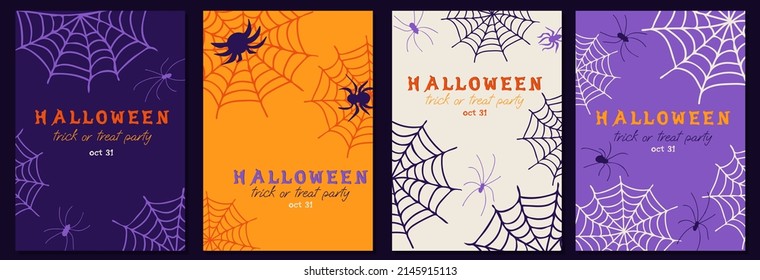 Set of flyer template for Halloween Party. Trick or treat party invitations or greeting cards with handwritten calligraphy and spiders and spider webs.Trendy vector illustration