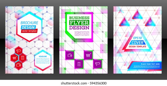 Set of flyer template layout, cover design of annual report, brochure or booklet. Technological geometrical shapes with glow and glass effect and icons. Vector Illustration eps 10