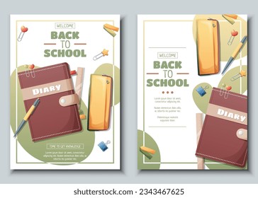 Set of flyer template with ndiary with a pencil case.. School time, back to school, education. Flyer, poster, banner size a 4