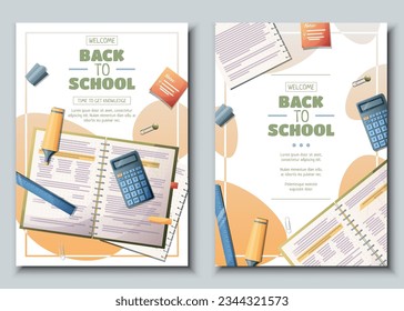 Set von Flyer-Vorlage mit Notebook mit Taschenrechner und Bleistift. Schulzeit, zurück zur Schule, Bildung. Flyer, Poster, Banner-Größe a 4