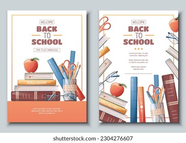 Set of flyer template with school accessories, books and textbooks. School time, back to school, education. Flyer, poster, banner size a 4