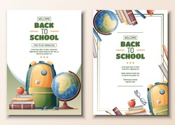 Set of flyer template with school backpack, globe and textbooks. School time, back to school, education. Flyer, poster, banner size a 4