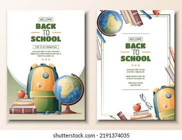Set of flyer template with school backpack, globe and textbooks. School time, back to school, education. Flyer, poster, banner size a 4
