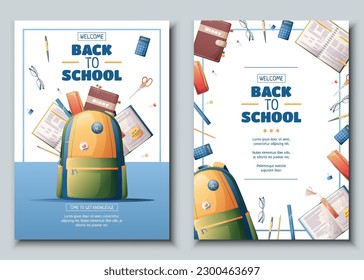 Set of flyer template with school backpack, books and textbooks. School time, back to school, education. Flyer, poster, banner size a 4