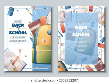 Conjunto de plantillas de volante con mochila escolar, libros y libros de texto. Tiempo escolar, de vuelta a la escuela, educación. Volante, afiche, tamaño de banner a 4