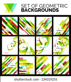 Set of flyer templates, abstract backgrounds, simple geometric shapes on white - lines, swirls, blocks