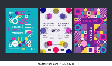 Set of Flyer templates with geometric shapes and patterns, 80s memphis geometric style. Vector illustrations.