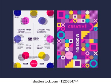 Set of Flyer templates with geometric shapes and patterns, 80s memphis geometric style. Vector illustrations.