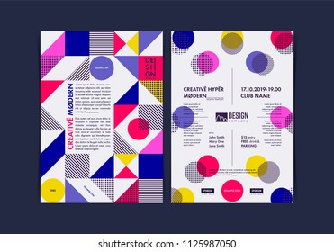 Set of Flyer templates with geometric shapes and patterns, 80s memphis geometric style. Vector illustrations.