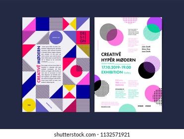 Set of Flyer templates with geometric shapes and patterns, 80s memphis geometric style. Vector illustrations.