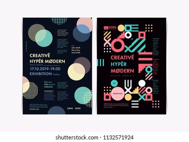 Set of Flyer templates with geometric shapes and patterns, 80s memphis geometric style. Vector illustrations.