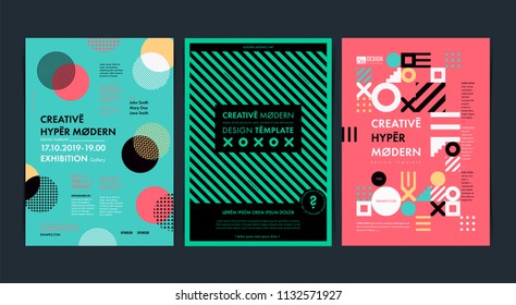 Set of Flyer templates with geometric shapes and patterns, 80s memphis geometric style. Vector illustrations.
