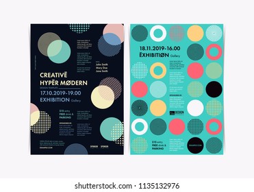 Set of Flyer templates with geometric shapes and patterns, 80s memphis geometric style. Vector illustrations.
