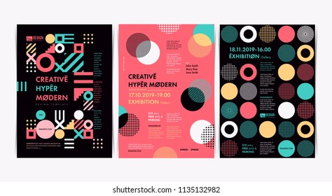 Set of Flyer templates with geometric shapes and patterns, 80s memphis geometric style. Vector illustrations.