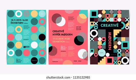 Set of Flyer templates with geometric shapes and patterns, 80s memphis geometric style. Vector illustrations.