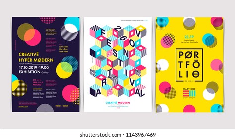 Set of Flyer templates with geometric shapes and patterns, 80s memphis geometric style. Vector illustrations.