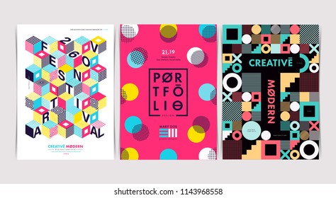 Set of Flyer templates with geometric shapes and patterns, 80s memphis geometric style. Vector illustrations.