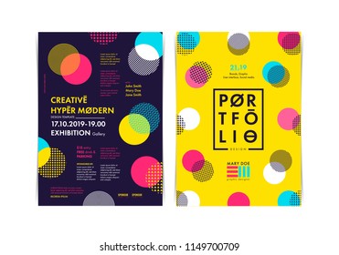 Set of Flyer templates with geometric shapes and patterns, 80s memphis geometric style. Vector illustrations.