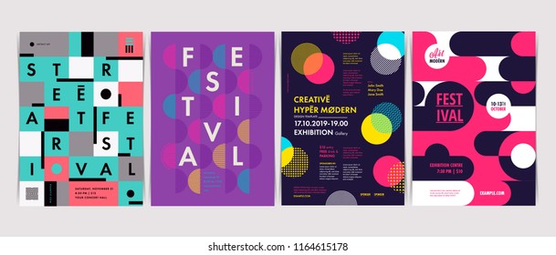 Set of Flyer templates with geometric shapes and patterns, 80s memphis geometric style. Vector illustrations.