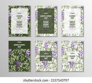 Set of flyer templates for poster, invitations with purple wisteria. A4 size background.