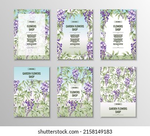 Set of flyer templates for poster, invitations with purple wisteria. A4 size background. svg