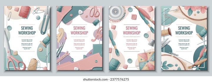 Set of flyer templates with sewing supplies. Background, poster, banner for a sewing workshop, atelier, tailoring courses, tailoring.