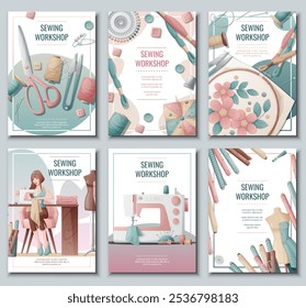 Set of flyer templates with sewing supplies. Banner, poster with a girl creating clothes on a sewing machine. Background for a sewing workshop, atelier, tailoring courses, tailoring.