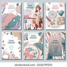 Set of flyer templates with sewing supplies. Banner, poster with a girl creating clothes on a sewing machine. Background for a sewing workshop, atelier, tailoring courses, tailoring.