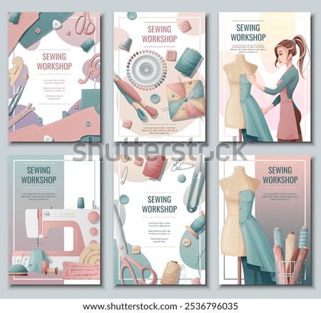 Set of flyer templates with sewing supplies. Banner with a girl creating clothes on a mannequin. Background, poster for a sewing workshop, atelier, tailoring courses, tailoring.