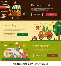 Set of flyer templates of vector modern flat design farm and agriculture icons and elements 