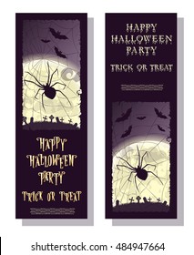 Set of flyer or ticket on Halloween holiday party Trick or Treat with scary spider, moon and monster bats on gradient background. Cartoon style. Vector illustration