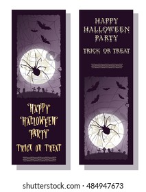Set of flyer or ticket on Halloween holiday party Trick or Treat with scary spider, moon and monster bats on gradient background. Cartoon style. Vector illustration