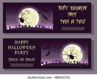 Set of flyer or ticket on Halloween holiday party Trick or Treat with scary spider, moon and monster bats on gradient background. Cartoon style. Vector illustration