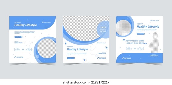 Set Of Flyer Webinar Social Media Post Templates. Digital Marketing Healthcare Banner On Blue Color